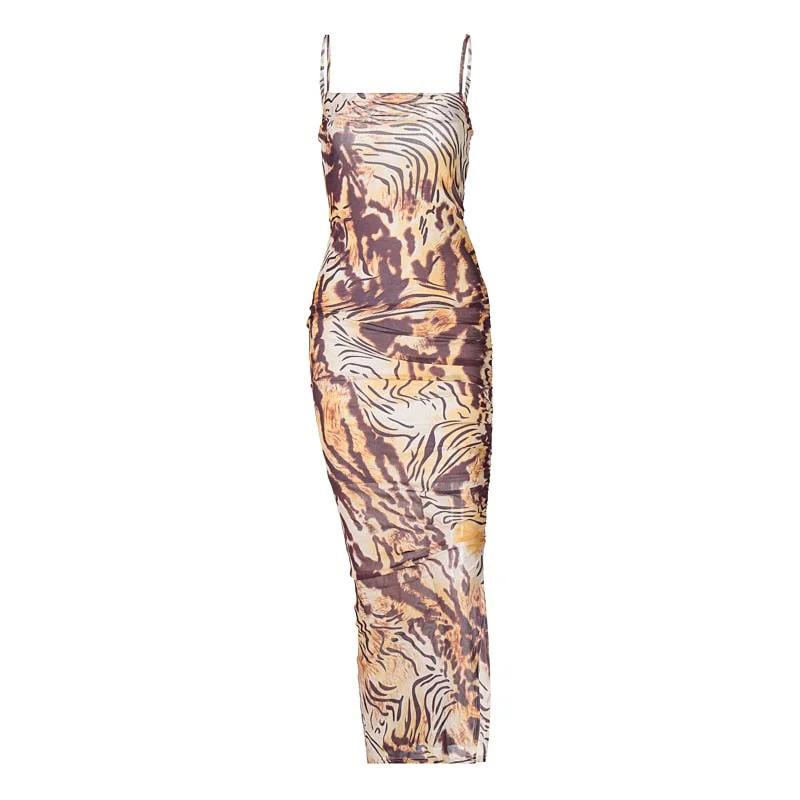 Hawthaw Women Fashion Summer Sleeveless Bodycon Slim Printed Beach Pencil Long Dress 2021 Female Clothing Streetwear Wholesale