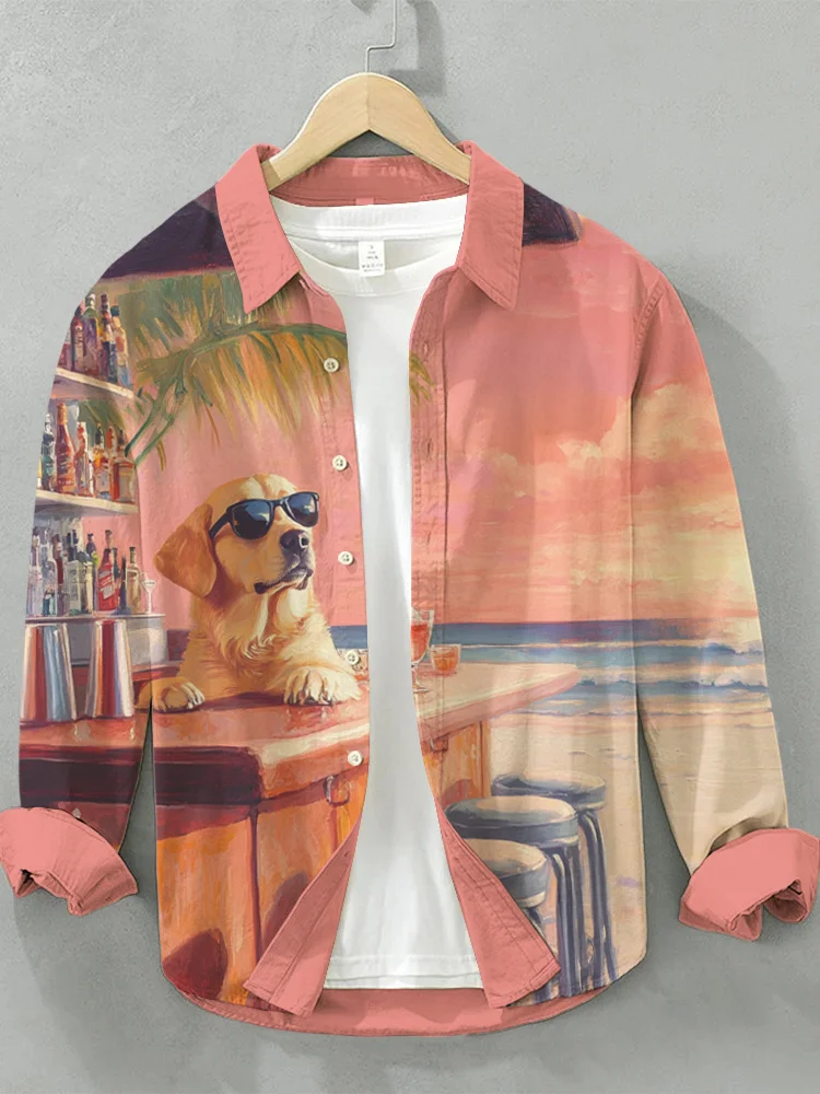 Men's Beach Dog Wearing Sunglasses Vacation Style Print Long Sleeve Shirt