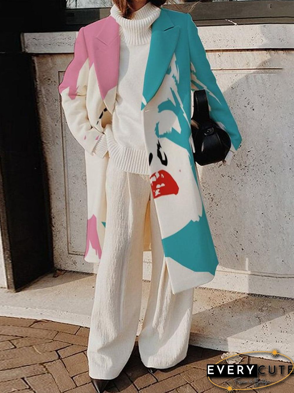 Trendy Printed Hit Color Woolen Longline Collared Coat