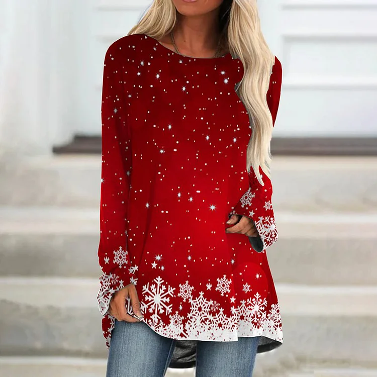 Wearshes Snowflake Print Crew Neck Casual Tunic