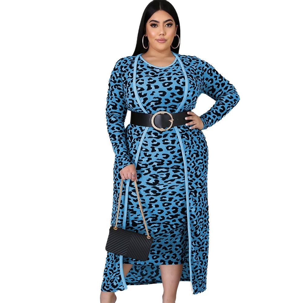 CM.YAYA Plus Size XL-4XL Leopard Print Women's Set Long Sleeve Long Cloak Tops Bodycon Midi Dress Two Piece Matching Set Outfits