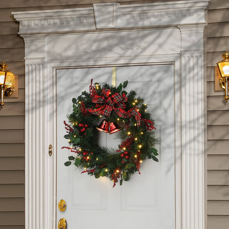 🔥kukelife🔥30" LED Berries & Plaid Bow Wreath