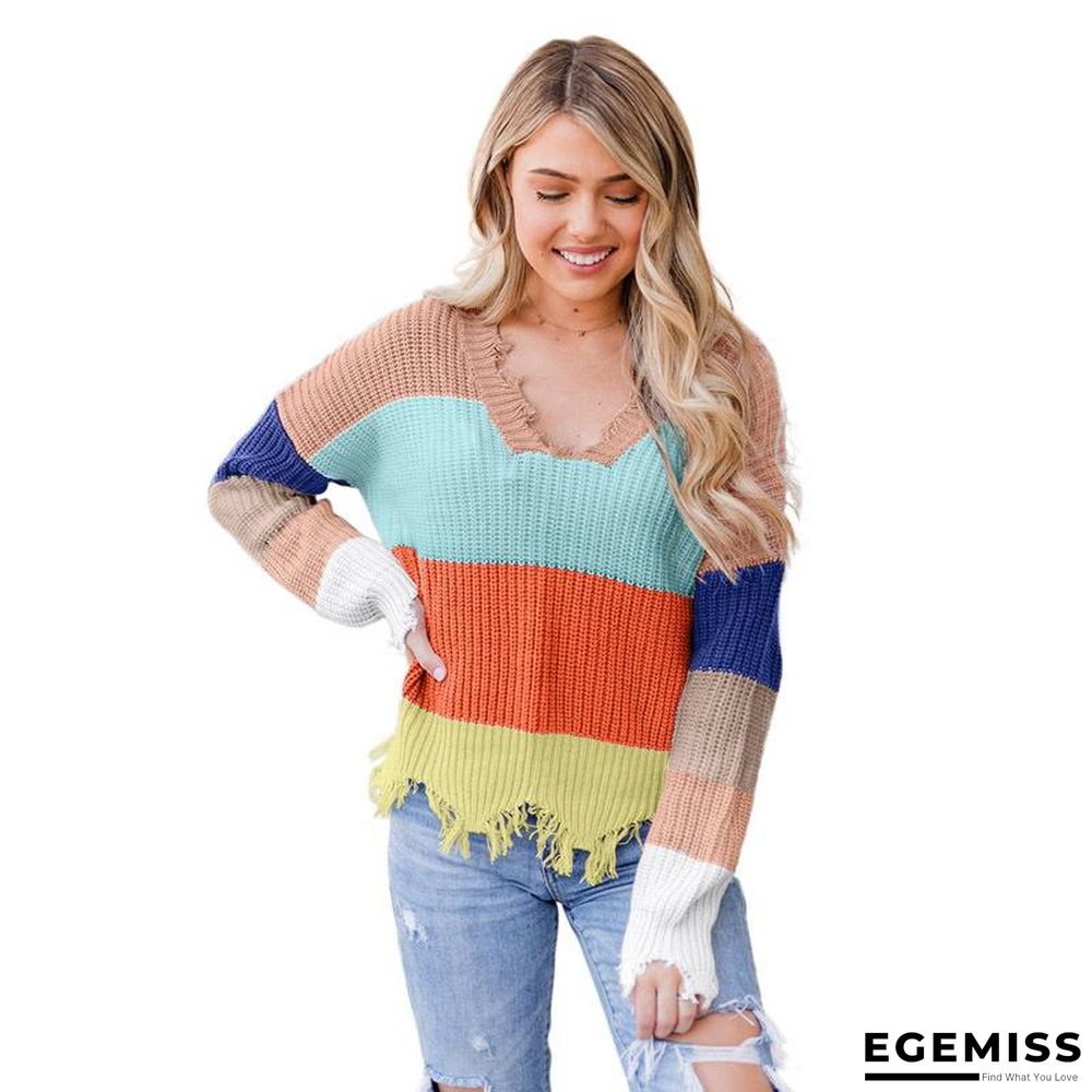 Lazy V-neck Striped Patchwork Raggedy Knit Sweater | EGEMISS