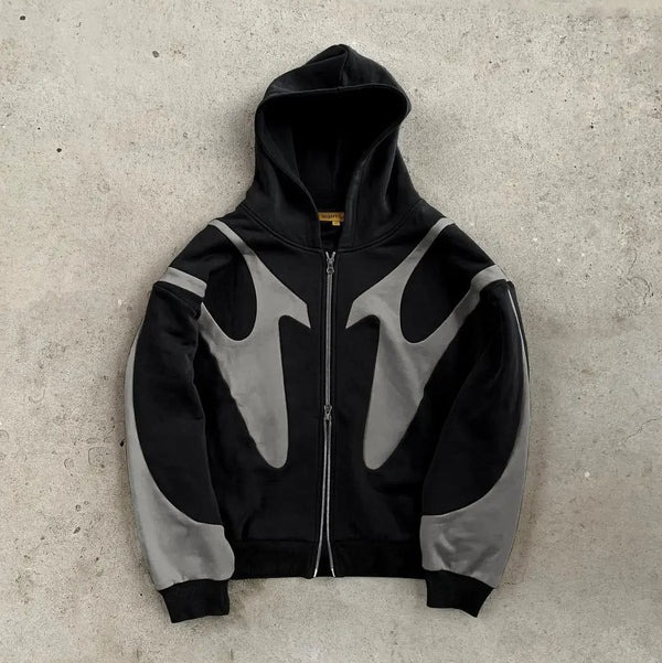 Contrast Color Splicing Print Black Zipper Hoodies