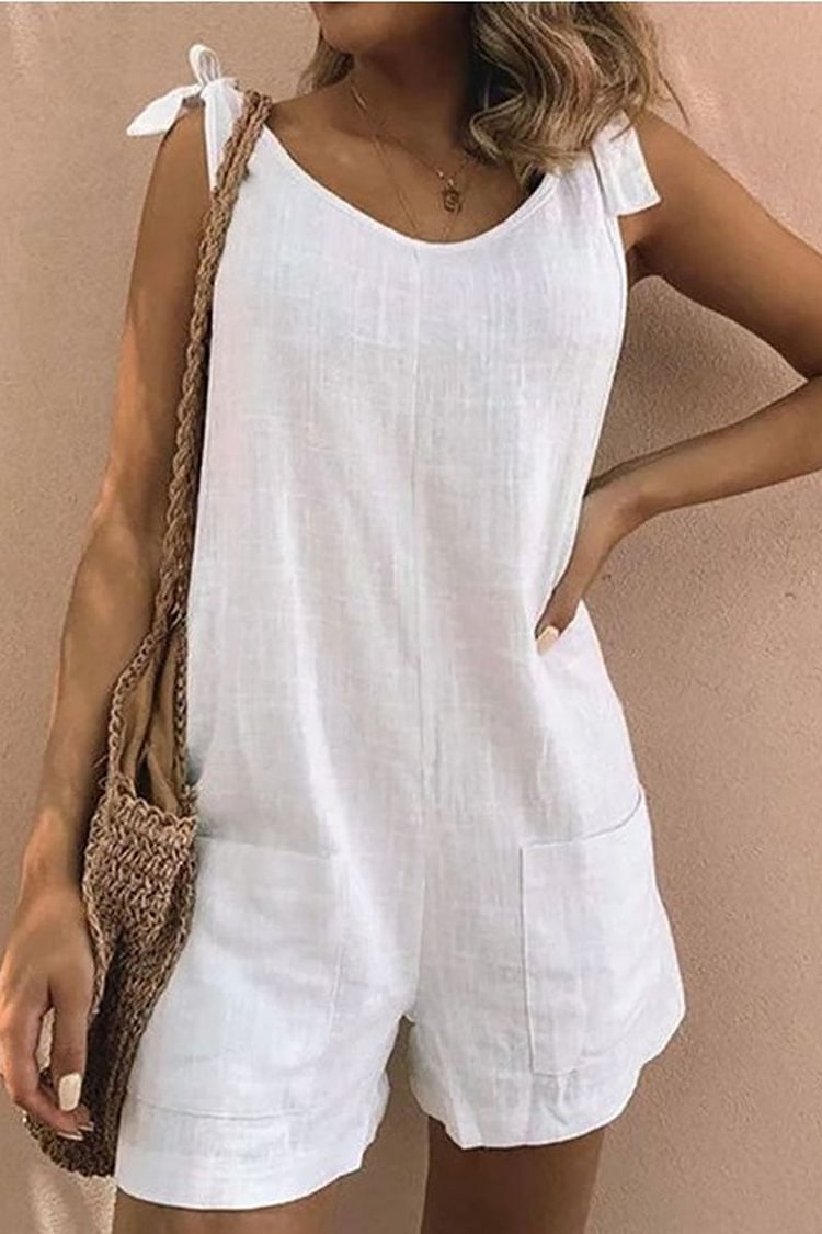 Tied Straps Sleeveless Pocket Casual Linen Rompers