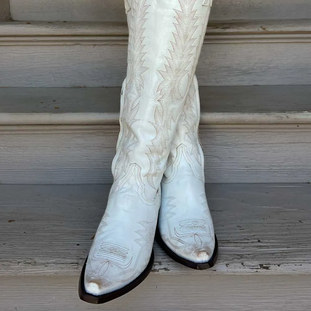 White Snip Toe Knee High Distressed Embroidered Cowgirl Boots
