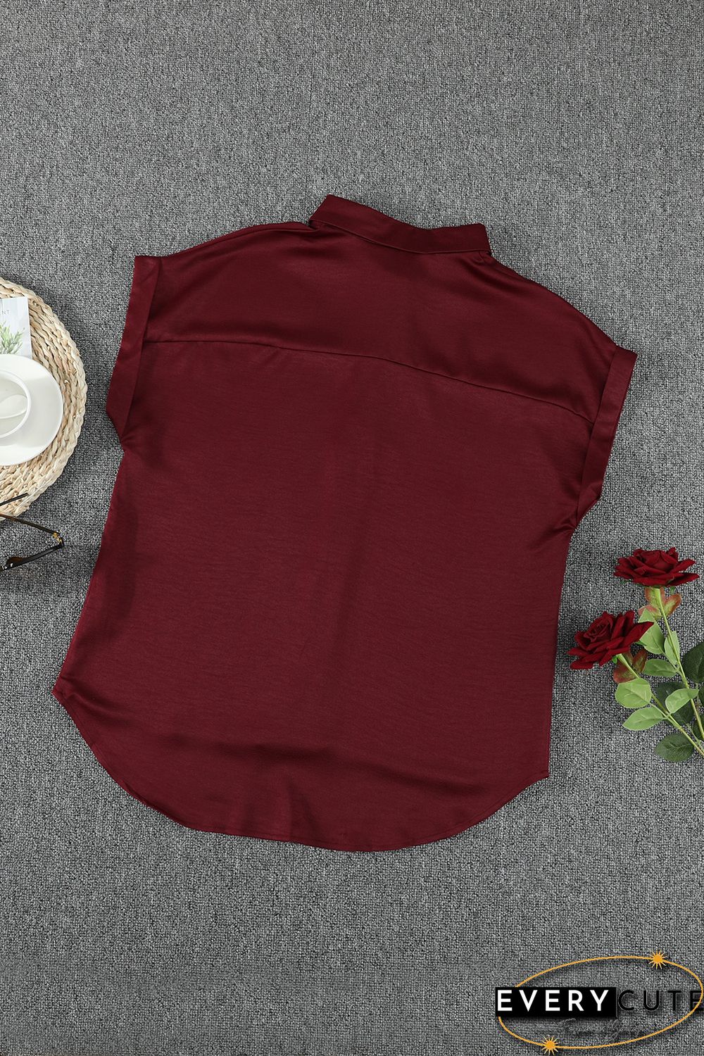 Wine Red Collared Button Short Sleeves Shirt