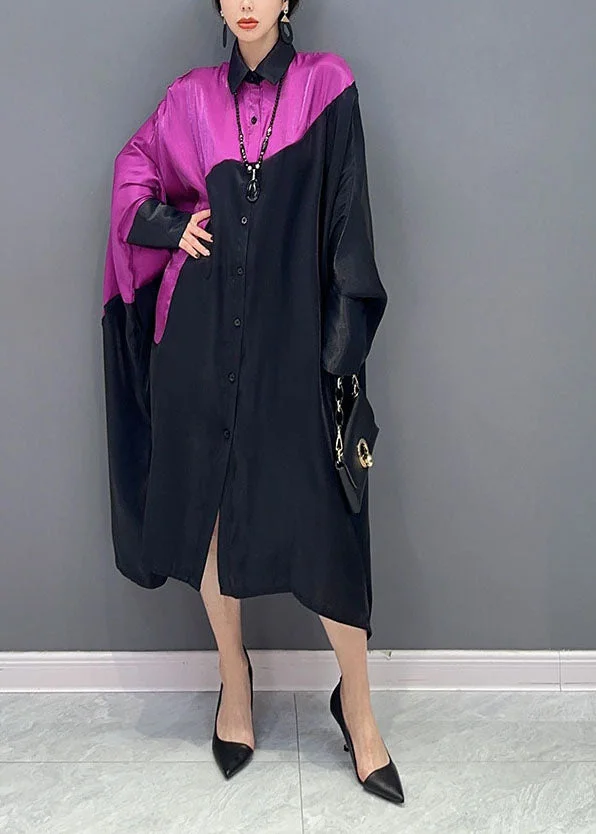 Plus Size Colorblock Peter Pan Collar Patchwork Oversized Silk Dress Batwing Sleeve