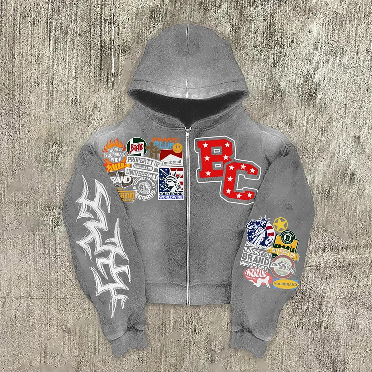 Vintage Warzone Peace Club Graphic Acid Washed Oversized Zip-Up Hoodie