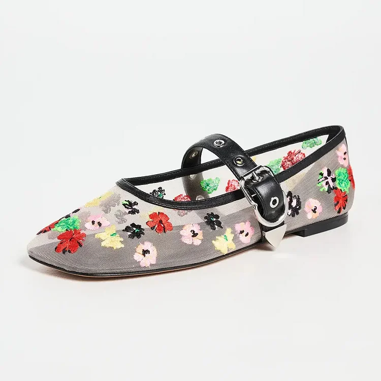 White Mesh Multi Color Floral Embroidery Buckle Strap Mary Jane Flats |FSJ Shoes