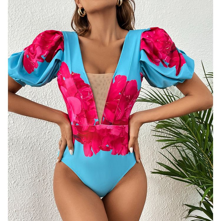 V Neck Puff Sleeve Printed One Piece Swimsuit Flaxmaker 