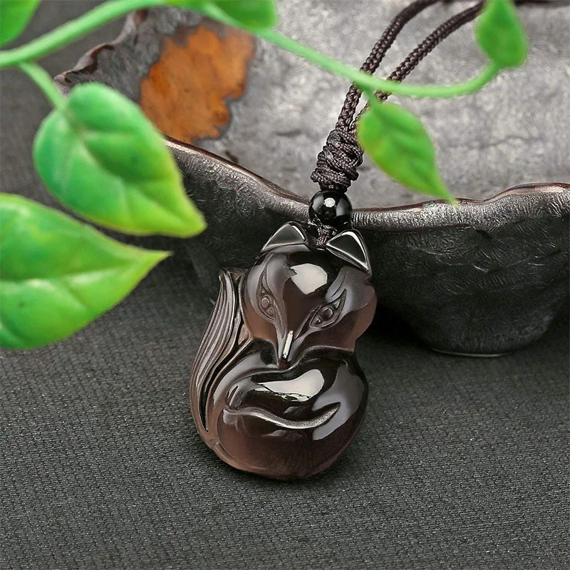 Natural Black Obsidian Tiger Eye Ice Obsidian Fox Pendant Amulet Necklace