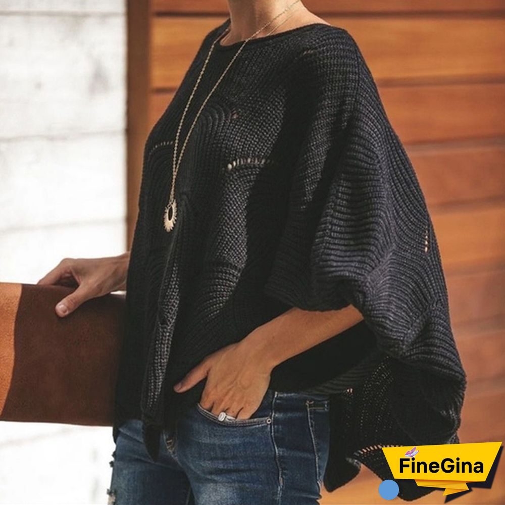 Women Plus Size Fashions Pure Color Hollow Out Bat Sleeve Loose Sweaters Ladies Autumn Winter Pullovers Tops S-5XL
