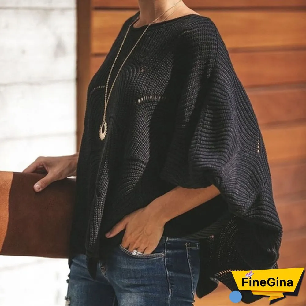 Women Plus Size Fashions Pure Color Hollow Out Bat Sleeve Loose Sweaters Ladies Autumn Winter Pullovers Tops S-5XL