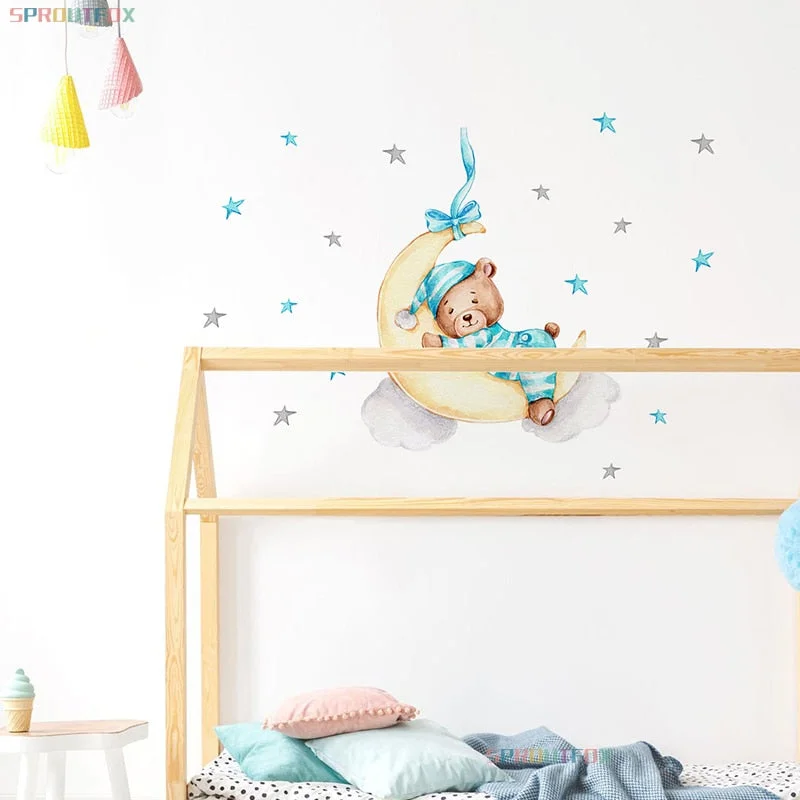 Blue Sleepwear Bear Stickers for Wall Decoratives Kids Room Baby Boys Room Moon Stickers Cute Animals Nursery Bedroom Wall Decal