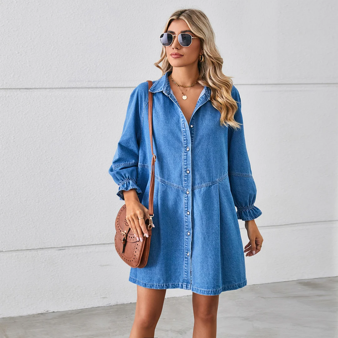 Women's New Loose Long Sleeve Stitched Denim Dress