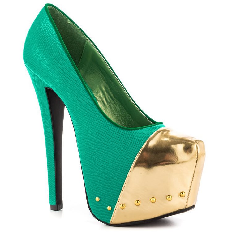 Fashion Green And Gold Dress Shoes High Heel Platform Pumps FSJ Shoes |FSJ Shoes