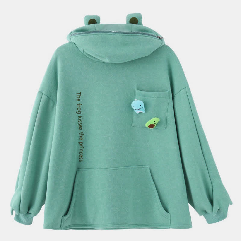 Frog Letter Zipper Pocket Oversized Hoodie THE FROG KISSES THE PRINCESS