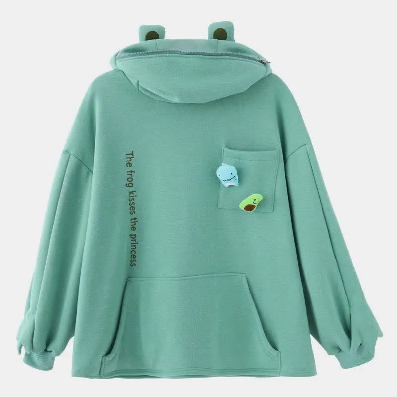 Frog Letter Zipper Pocket Oversized Hoodie THE FROG KISSES THE PRINCESS