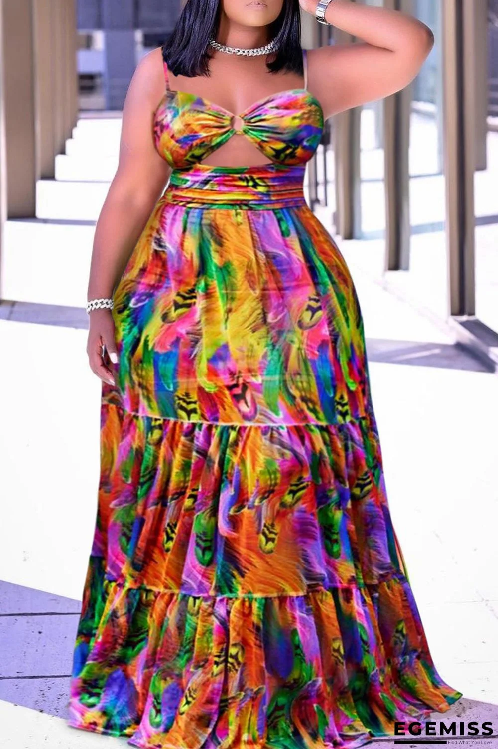 Yellow Fashion Sexy Plus Size Print Hollowed Out Backless Spaghetti Strap Long Dress | EGEMISS