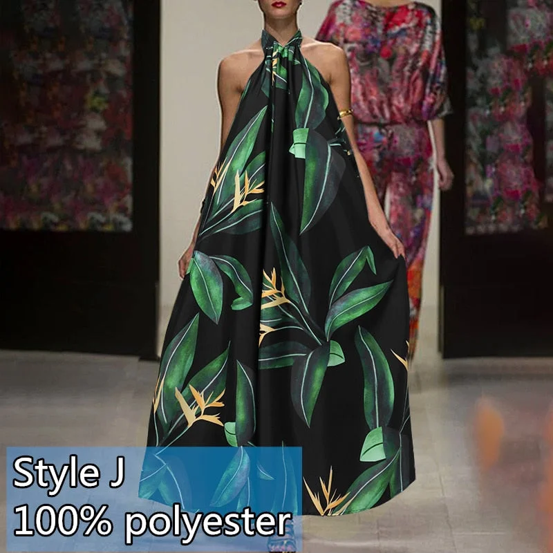 Summer Halter Print Dress Women Celmia Casual Sleeveless Ruffles Floral Maxi Sundress Sexy Backless Beach Party Bohemian Vestido