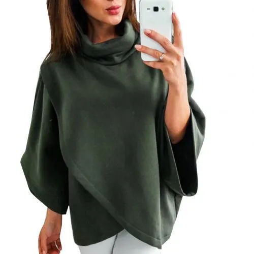 High Quality Women Dolman Sleeve Turtleneck Solid Color Cloak Irregular Pullover Blouse Top Polyester&nbsp; Spandex Women's Blouse