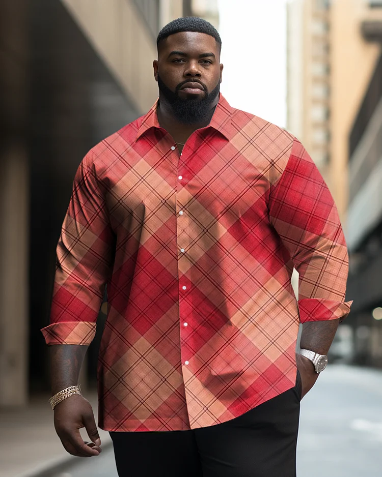 Men's Plus Size Casual Red Plaid Long Sleeve Lapel Long Sleeve Shirt