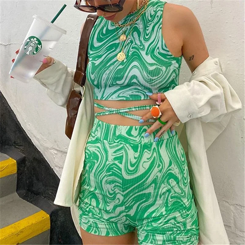 Y2K Autumn Green Tie Dye Tracksuit Women Shorts Set 2021 Sleeveless Crop Tops And High Waist Shorts Casual Urban Two Piece Set