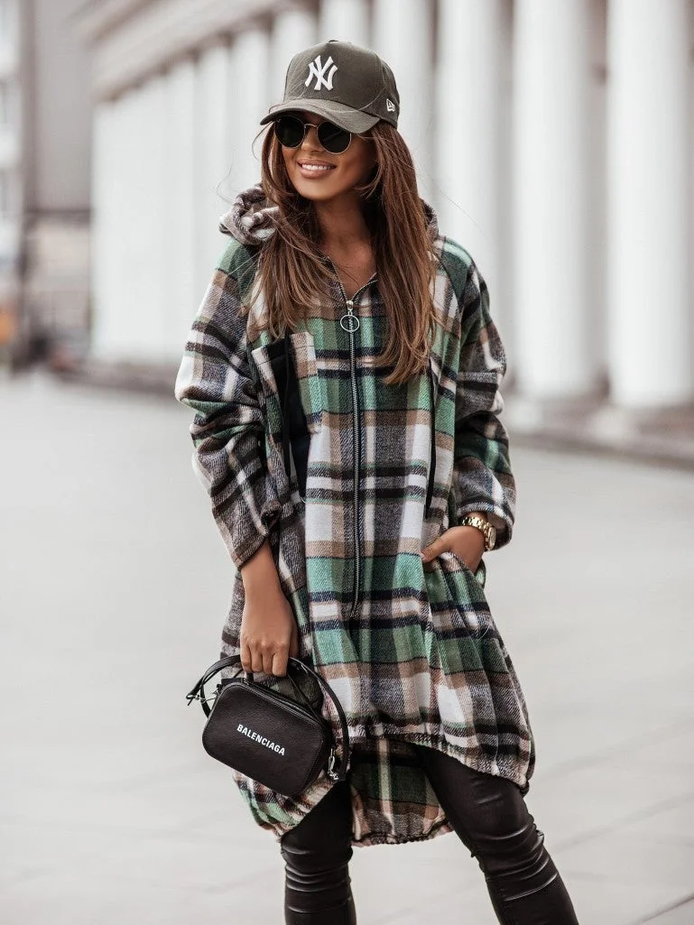 Plaid Zipper Casual Mid-length Hooded Shirt Woman Jacket