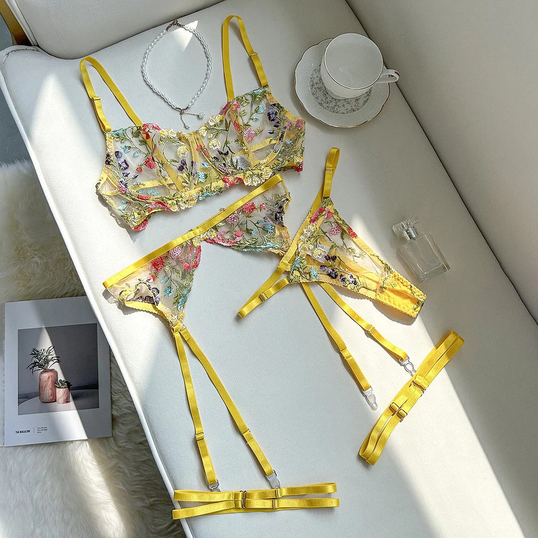 Churchf Sex Lingerie Sexy Embroidery Beauty Small Broken Flower Color Bra Garter Set