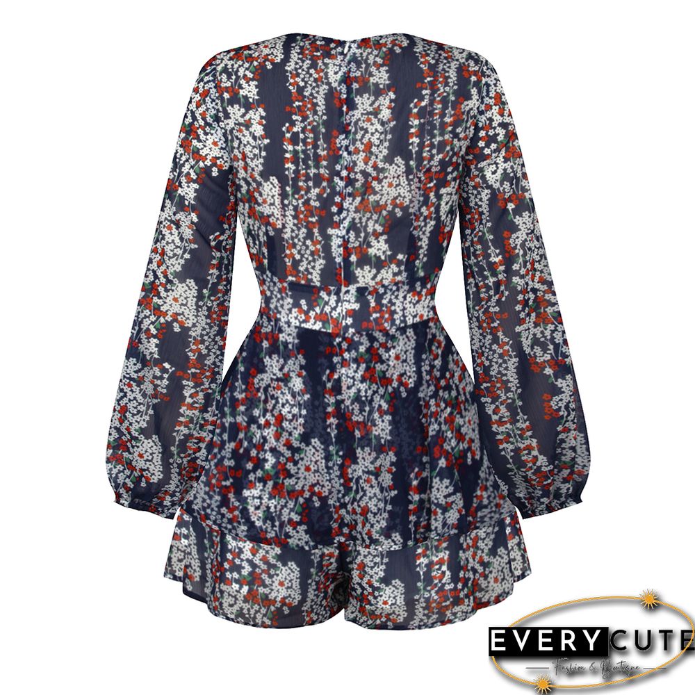 Navy Blue V Neck Ruffle Hem Long Sleeve Romper