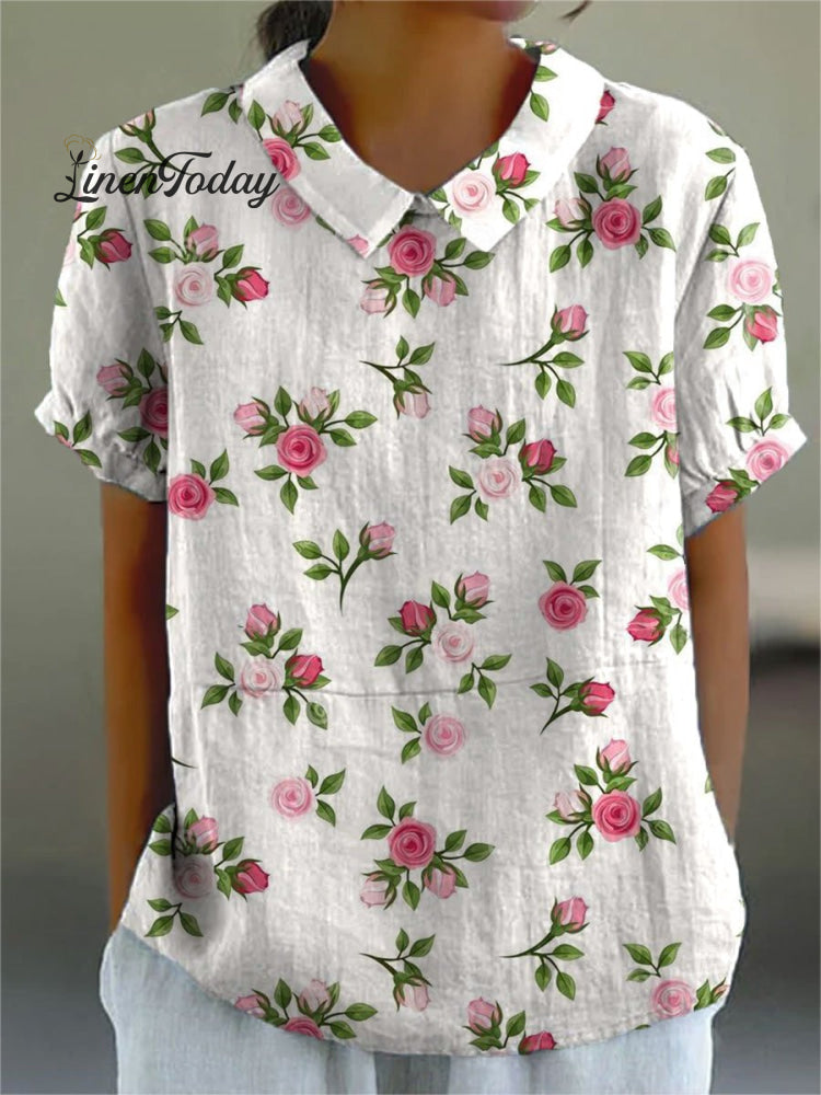 Women’s Flower Print Casual Cotton And Linen Shirt Multicolor / S