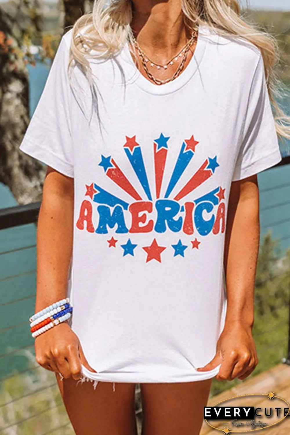 White AMERICA Stars Graphic Print Short Sleeve T Shirt