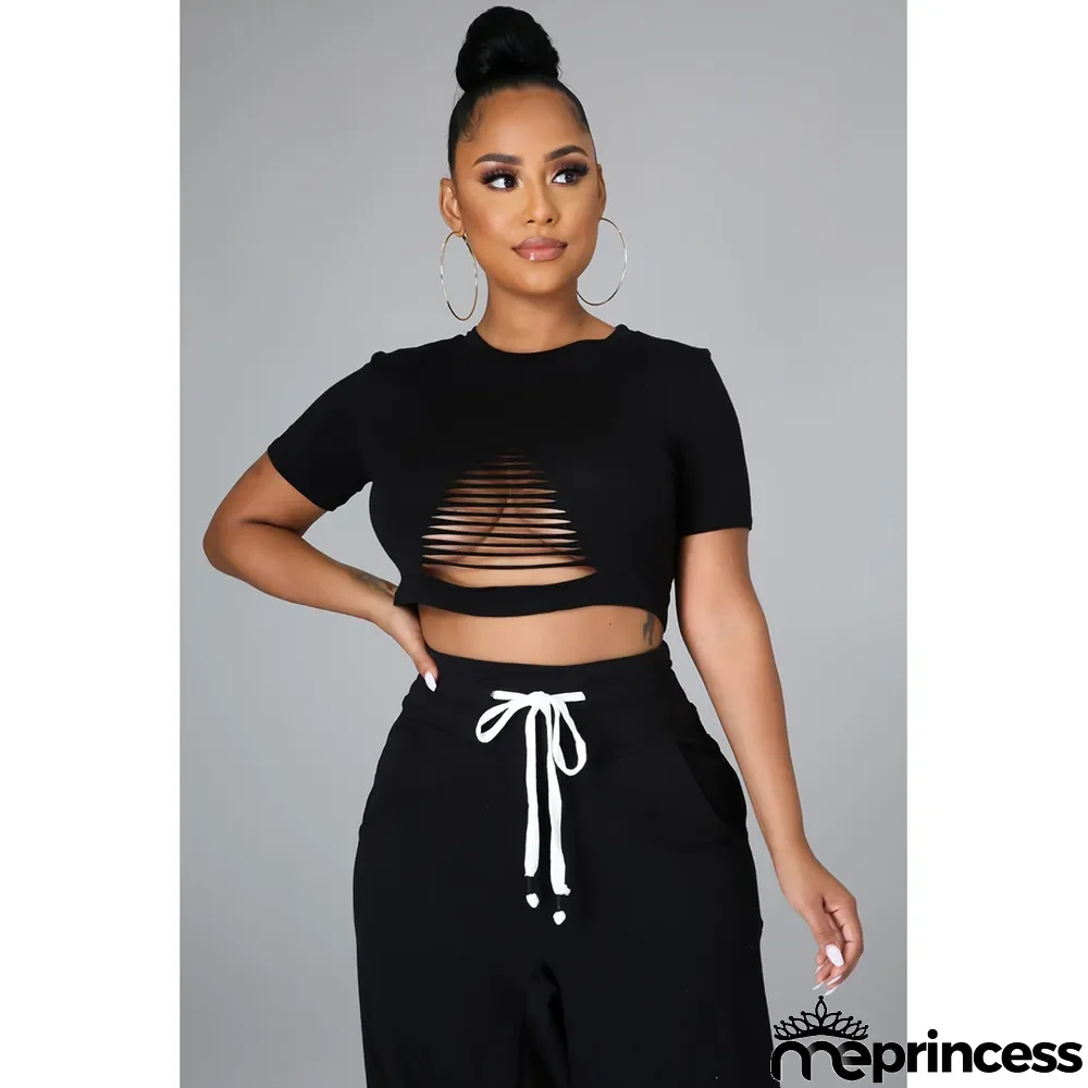 Solid Short Sleeve Hollow Out Cropped T Shirt