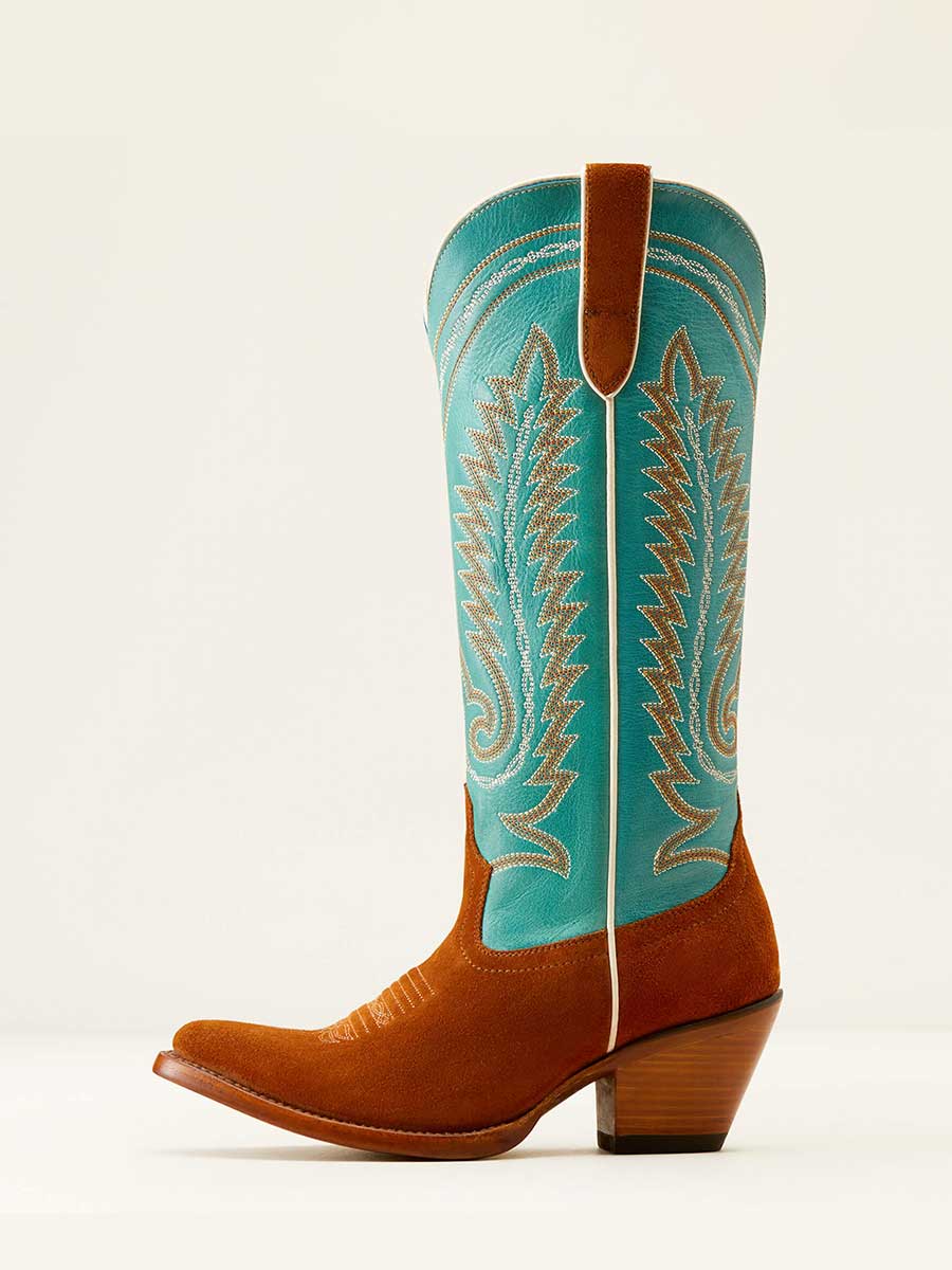 Tan & Turquoise Embroidered Wide Calf Knee-High Pull-On Heeled Cowgirl Boots