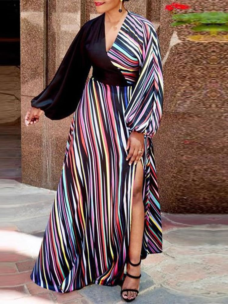 Large size contrast color stripes V-neck long sleeves high waist A-line women's dress SKUI78043 QueenFunky