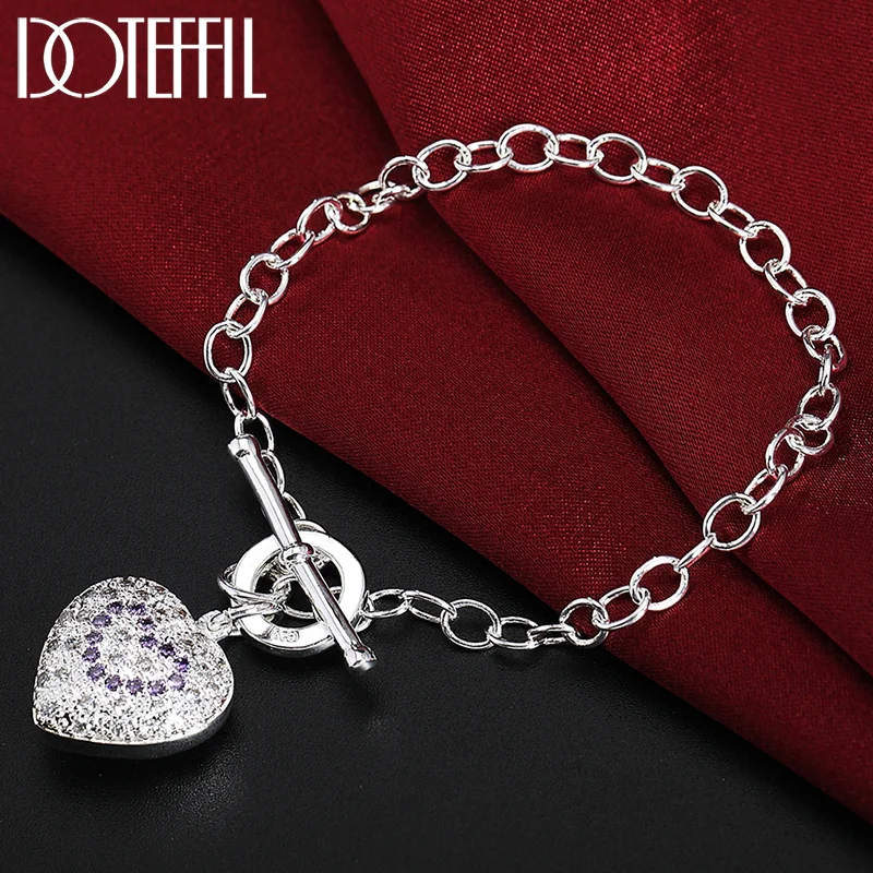 DOTEFFIL 925 Sterling Silver Purple AAA Zircon Heart Bracelet For Women Jewelry