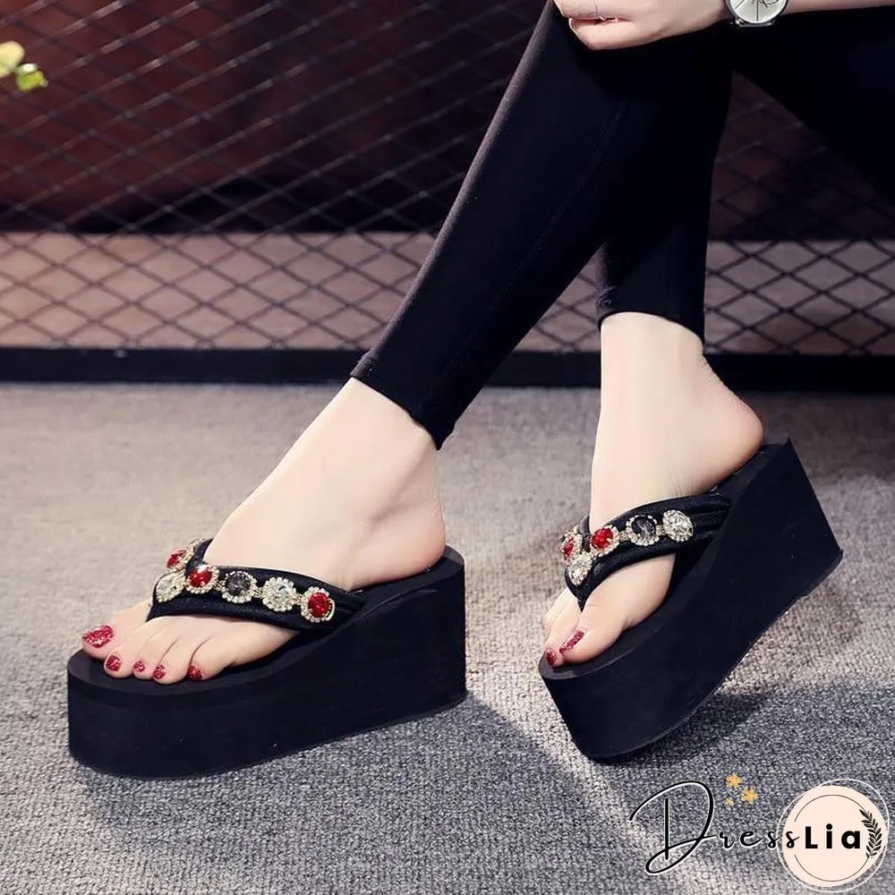 Bling Rhinestone Women Beach Flip flops Soft EVA Ladies Outdoor Slippers Sexy High Heels
