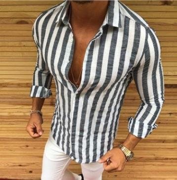 Men's wide stripe long sleeve button lapel casual shirt