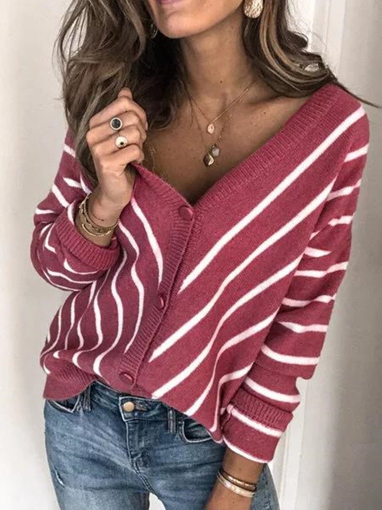 Women's Long Sleeves V-neck Striped Sweater Top