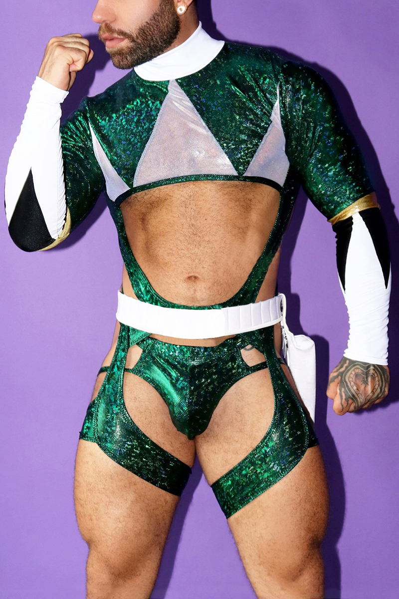 Glitter Colorblock Cut Out Costume Green Sling Suit Without Belt