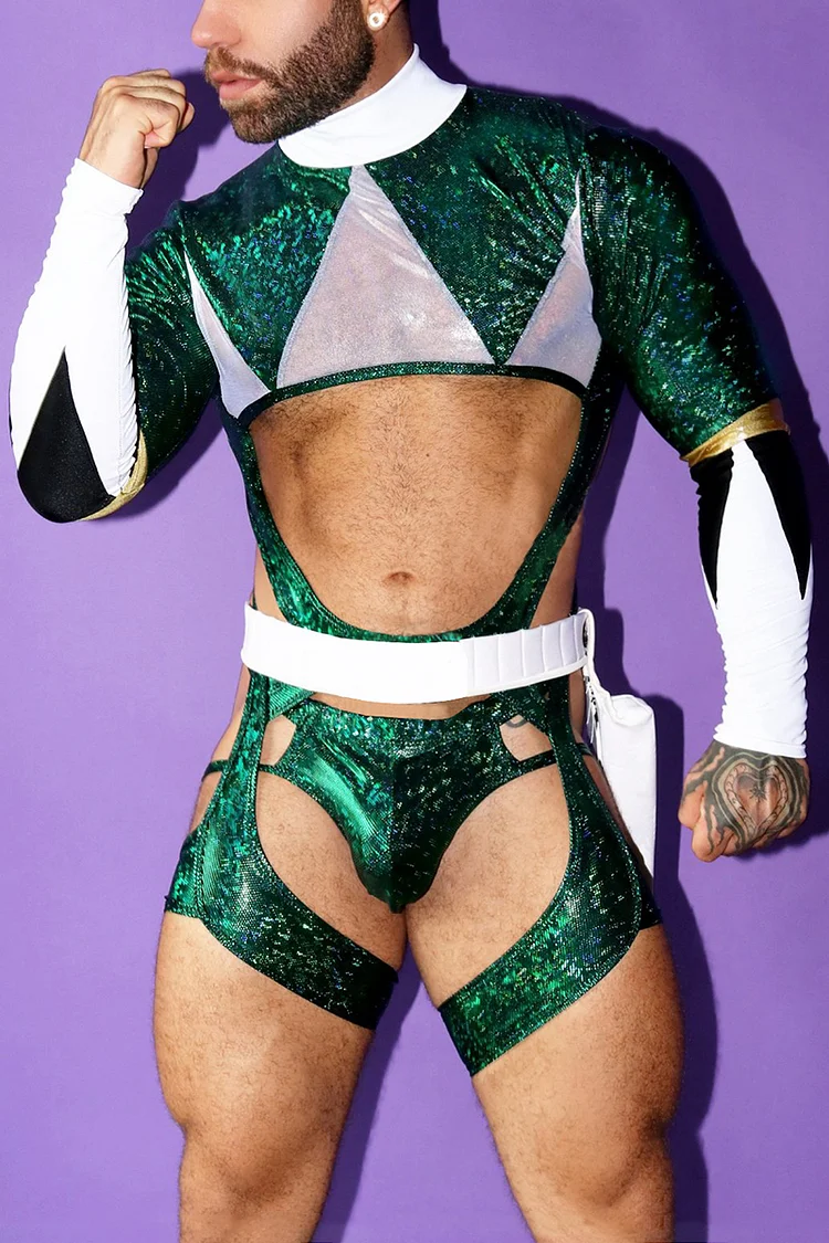 Glitter Colorblock Cut Out Costume Green Sling Thong Suit Without Belt