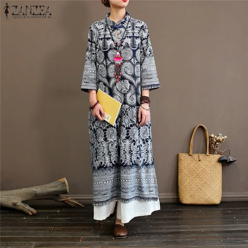 ZANZEA Women Vintage Floral Print Dress Autumn Stand Collar 3/4 Sleeve Sundress Chinese Cheongsam Robe Femme Linen Vestido Tunic