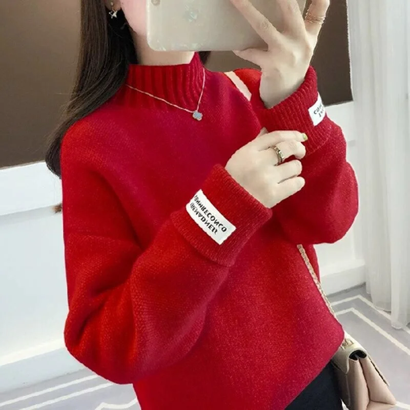 Zoki Women Half Turtleneck Sweater Autumn Loose Wool Pullover Knitted Jumper Long Sleeve Letter Top Casual Warm Ladies Blouse