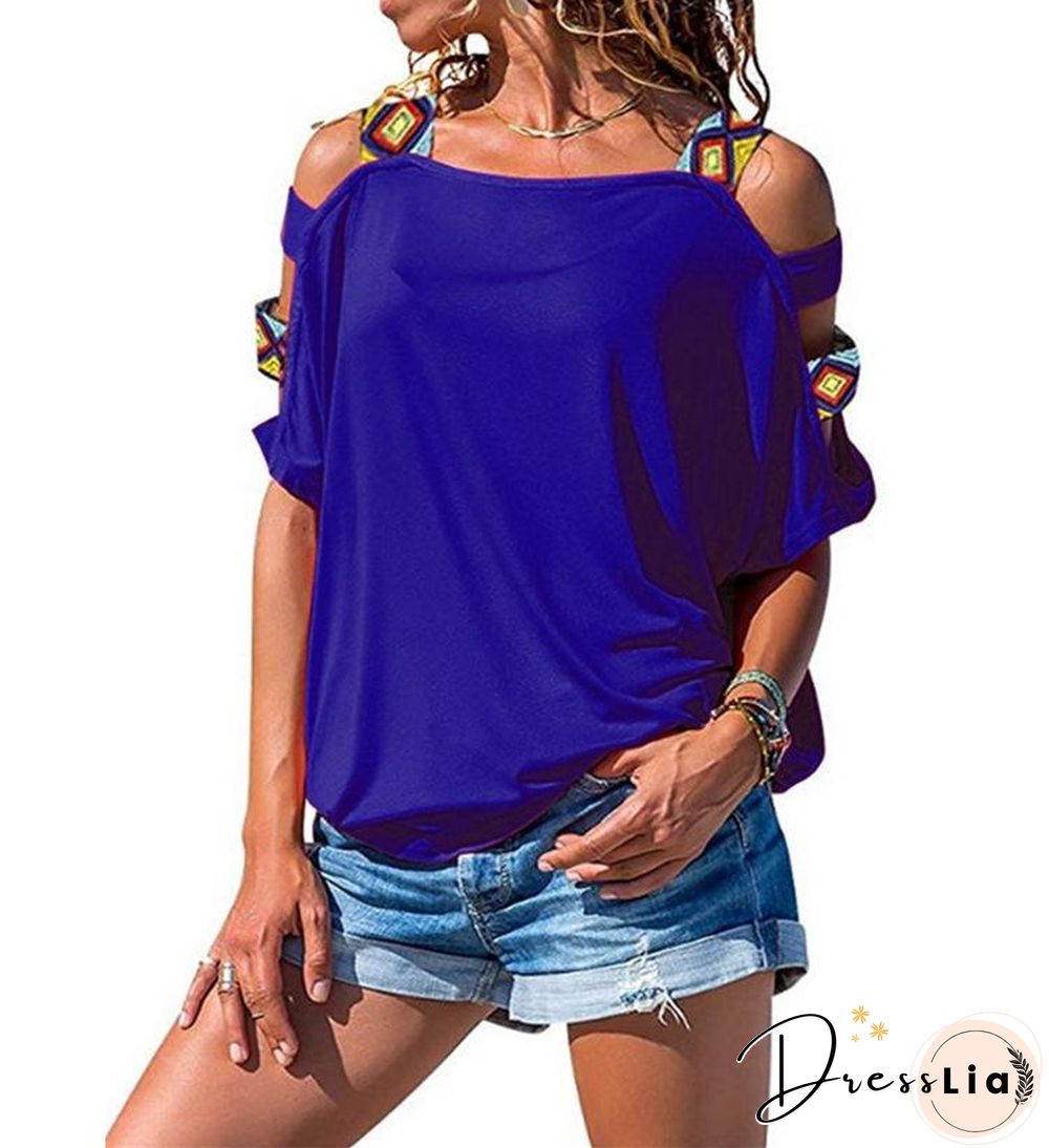 Women's Solid-colored Hollow Short-sleeved Off-the-shoulder T-shirt Top