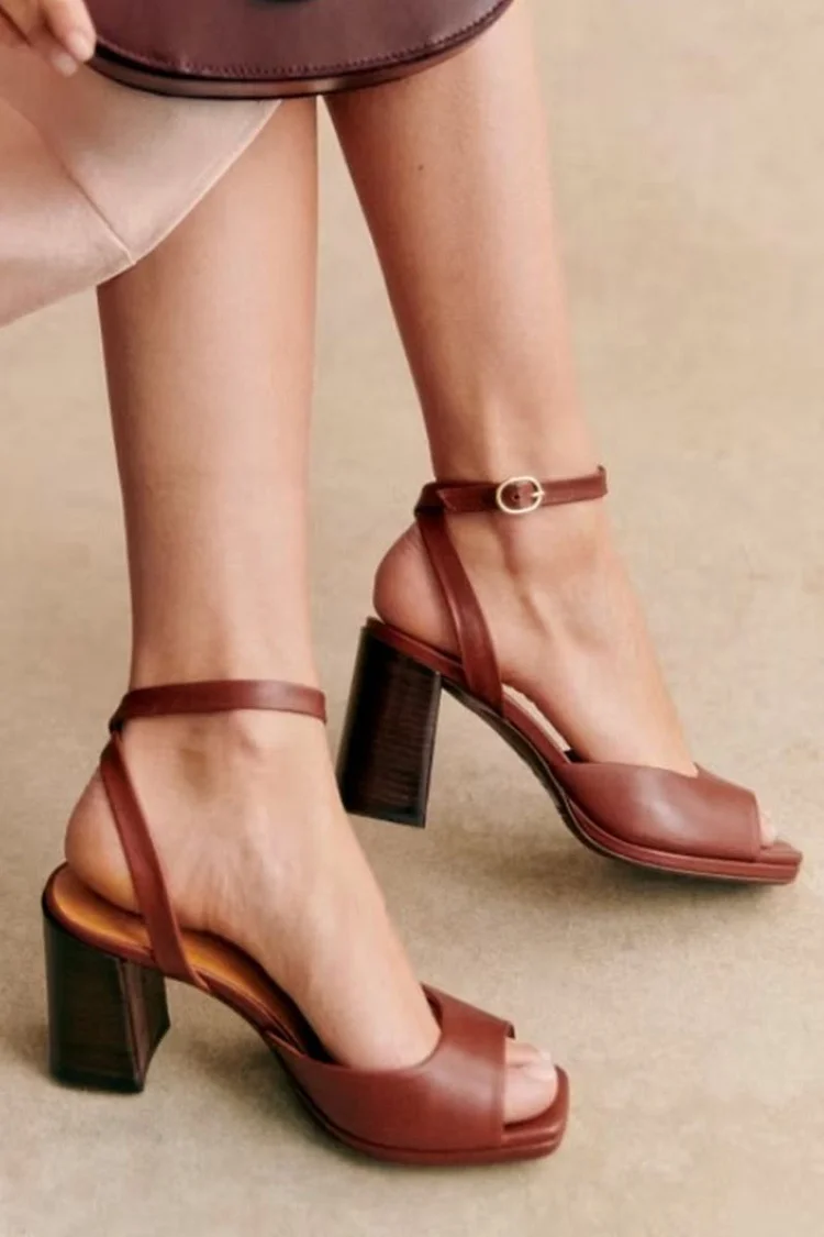 Square Toe Ankle Strap Buckle Solid Color Brown Chunky Heels [Pre Order]