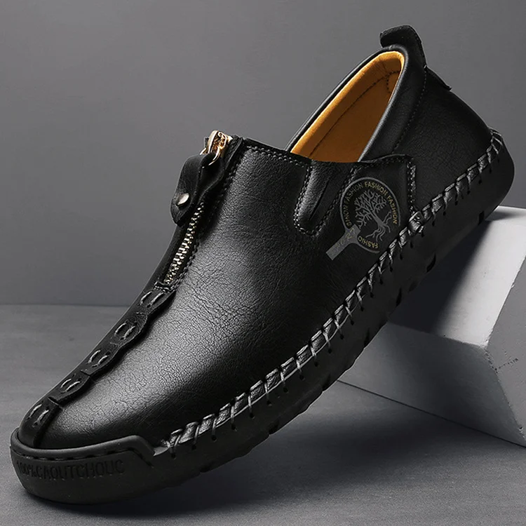 Cowhide Leather Zipper Handmade Stitching Slip-On Casual Shoes