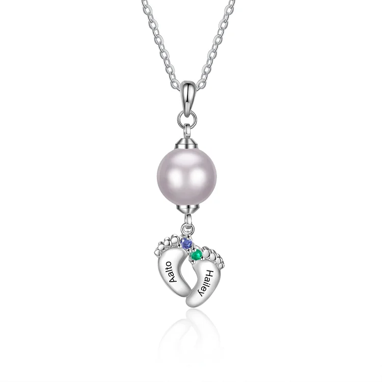 Collier pendentif perle avec Pieds de Bébé 2 Prénoms Personnalisé avec 2 Pierres de Naissance Jessemade FR