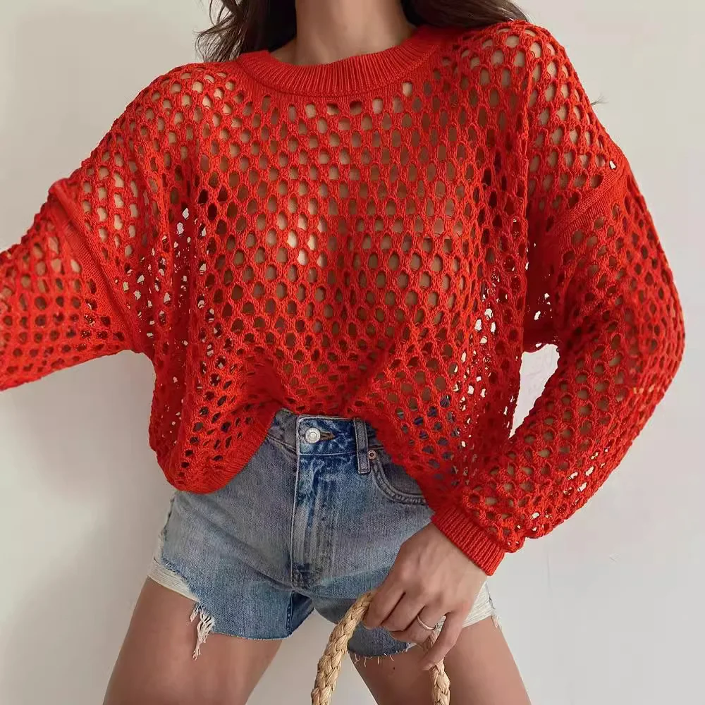 Nigikala Nigikala Spring And Summer New Knitted Shirt Horn Sleeve Loose Round Collar Hollow Sweater Woman
