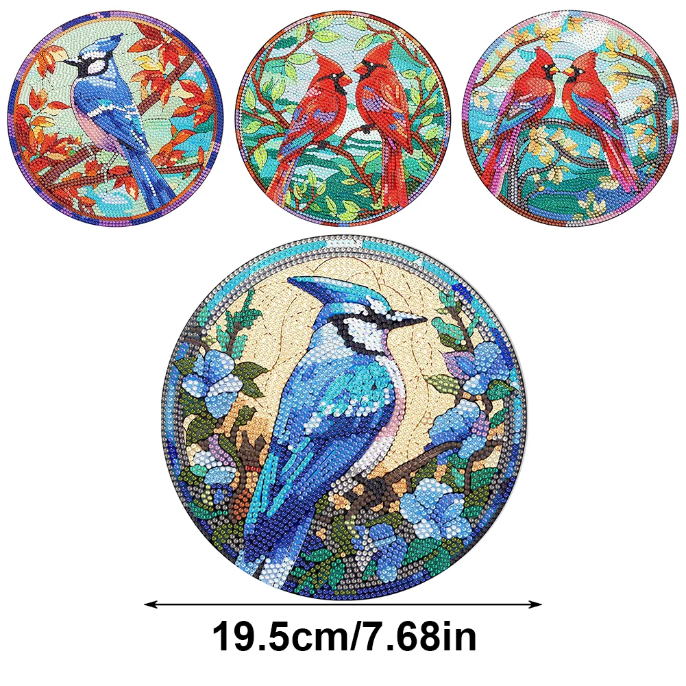 4pcs DIY Bird In The Tree Acrylic Diamond Painted Placemats for Dining Table Decor(19.5cm)